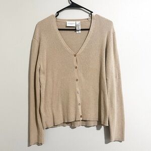 Tan Ribbed V-Neck Cardigan Sweater